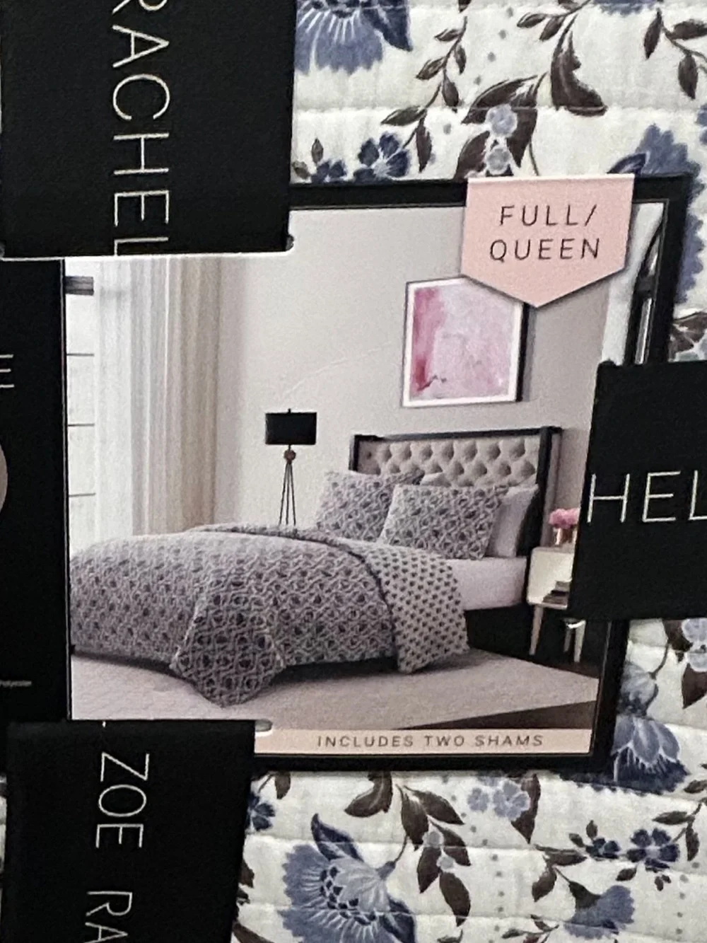 Rachel Zoe Blue, Brown and White Queen Floral Reversible Quilt Set 88”x92”